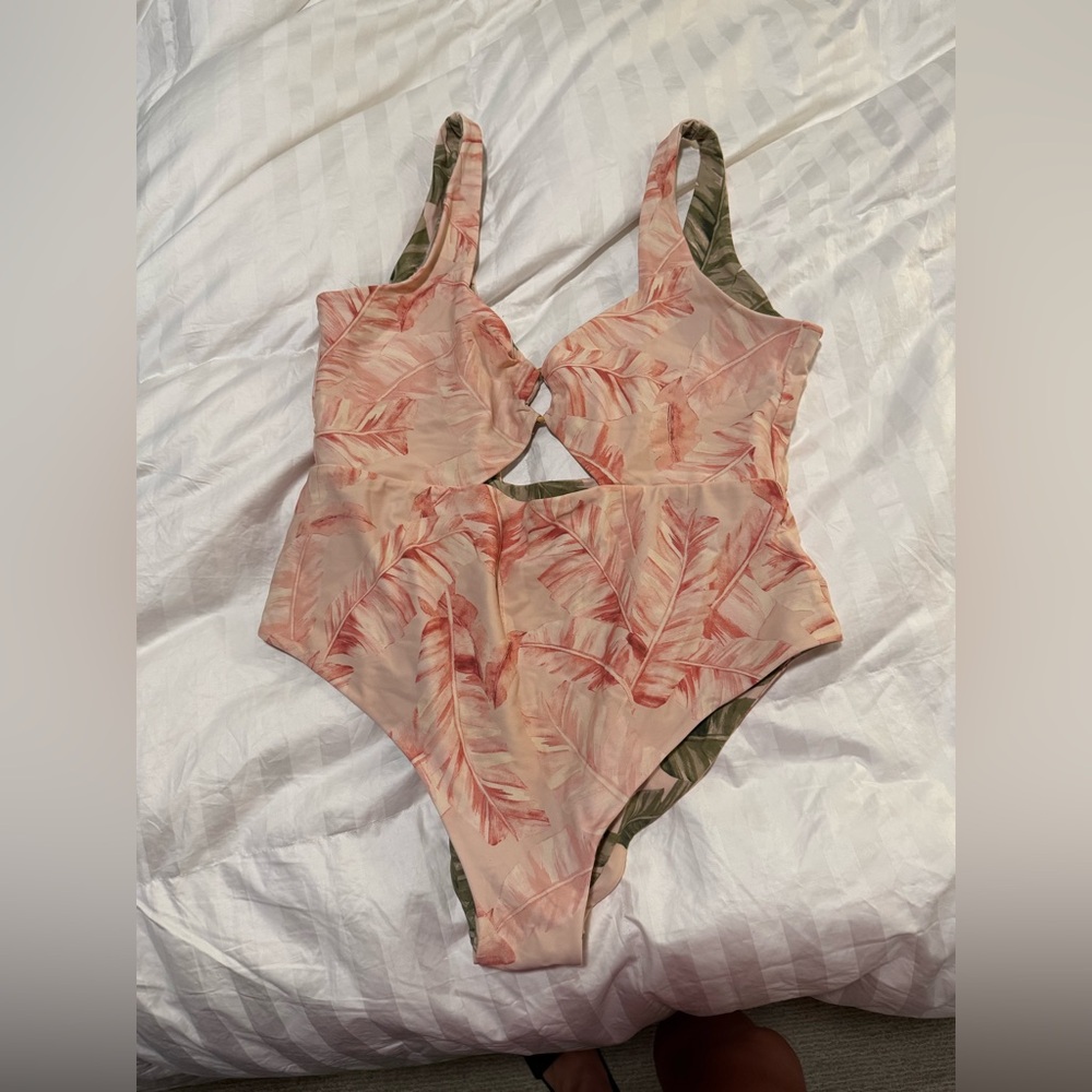 Pink Leaf Print Swimsuit - Reversible